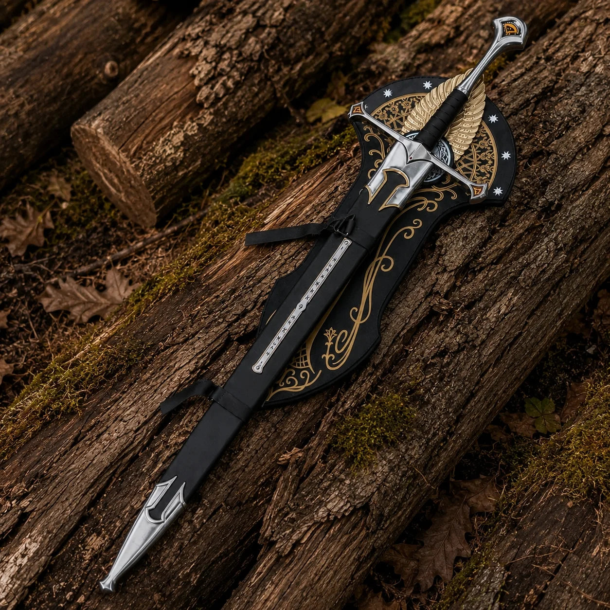Museum Collection Andúril Sword – LOTR Flame of the West Replica Sheathed with Scabbard and Display Plaque on Rustic Logs