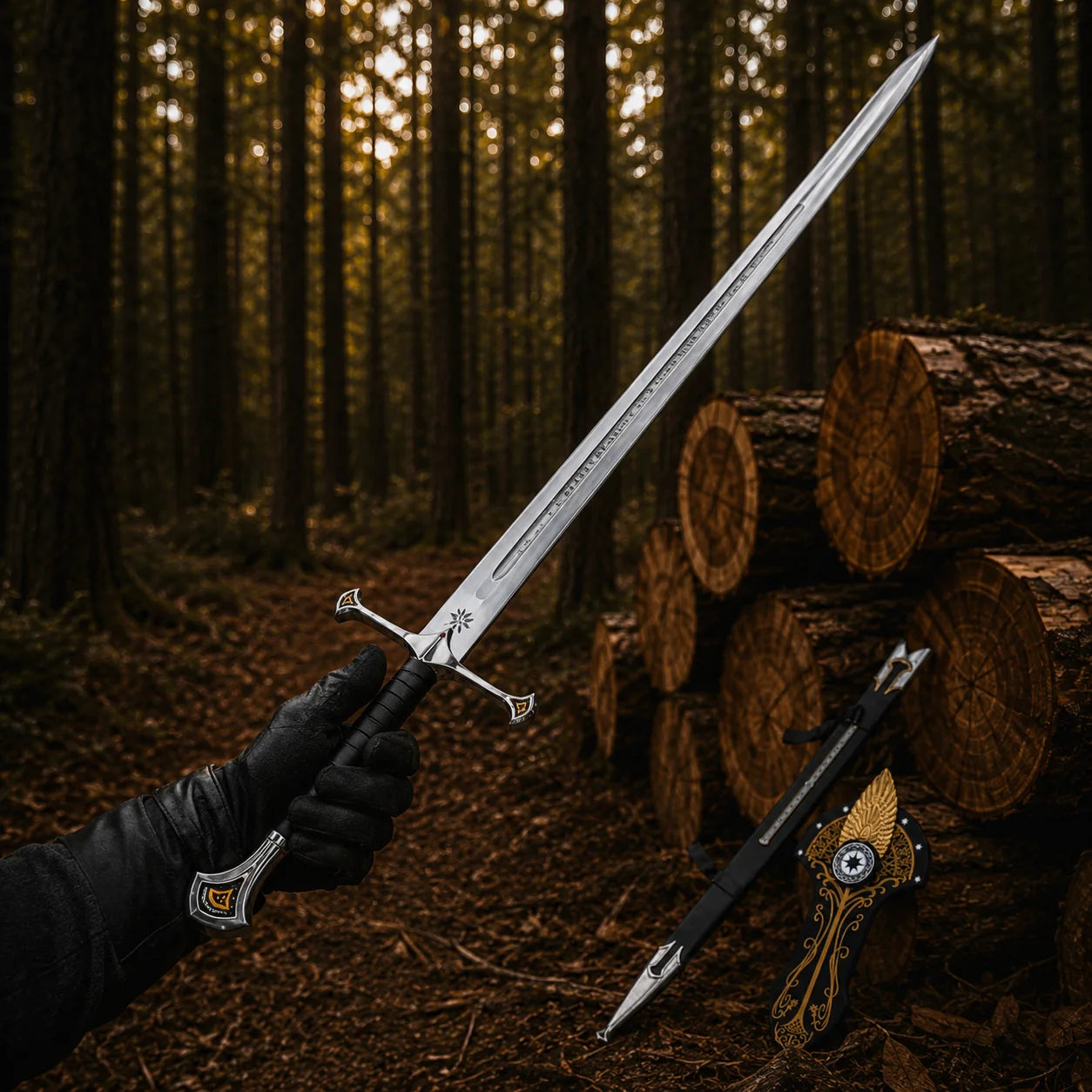 Museum Collection Andúril Sword LOTR Flame of the West Replica Held in Gloved Hand with Scabbard and Display Plaque