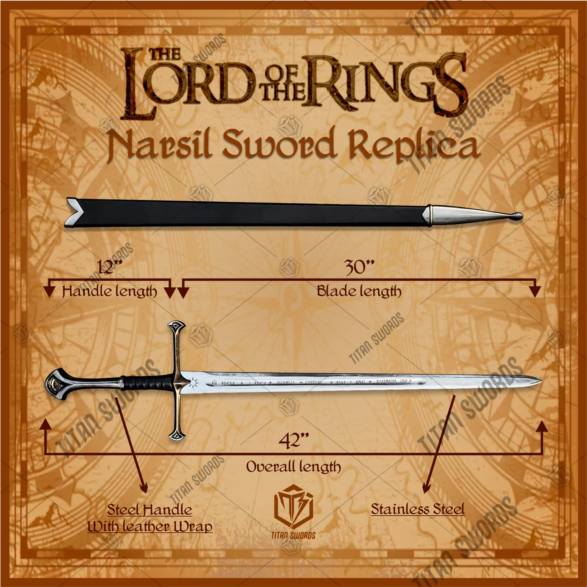 Premium Anduril Narsil Flame of the West Sword Replica LOTR with Cherry Wood Stand