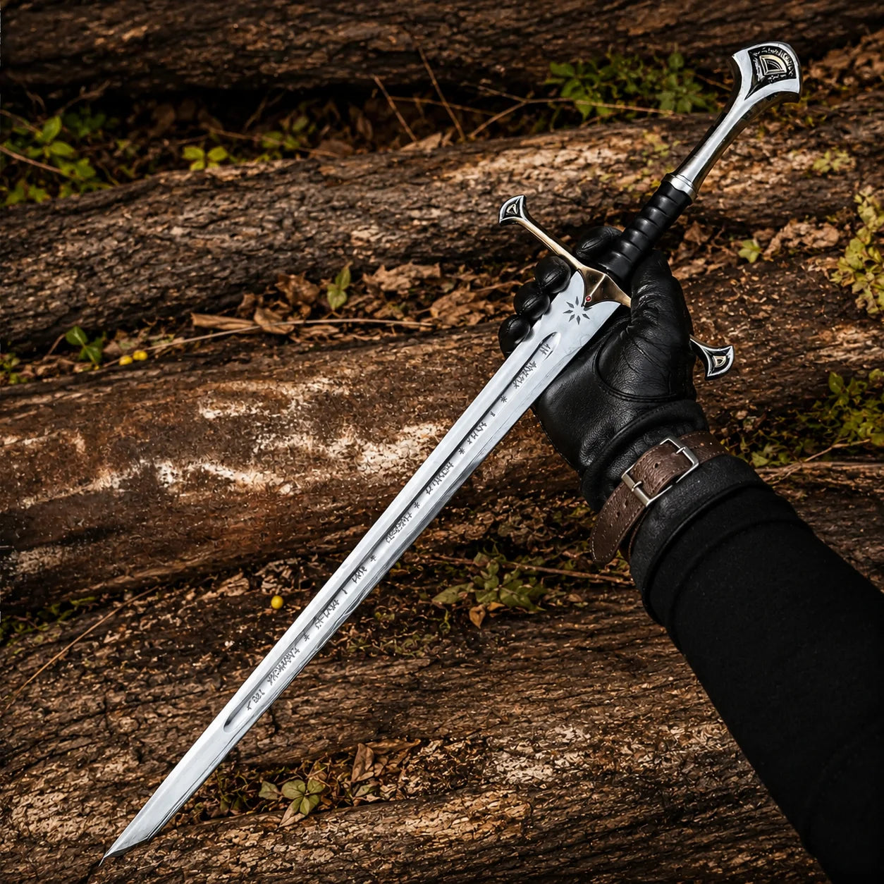 Anduril Narsil LOTR decorative display sword collectible featuring a silver engraved blade and black grip for collector showcases.
