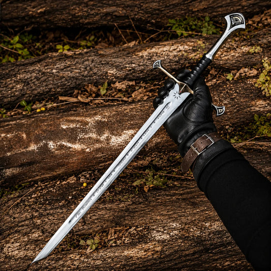 Anduril Narsil LOTR decorative display sword collectible featuring a silver engraved blade and black grip for collector showcases.
