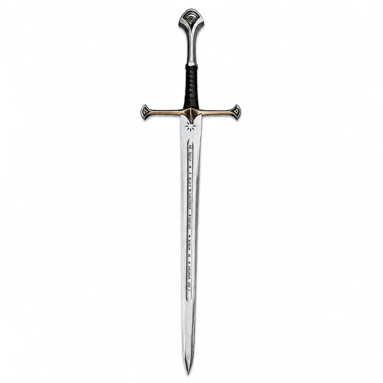 Anduril Narsil LOTR decorative display sword collectible featuring a silver engraved blade and black grip for collector showcases.