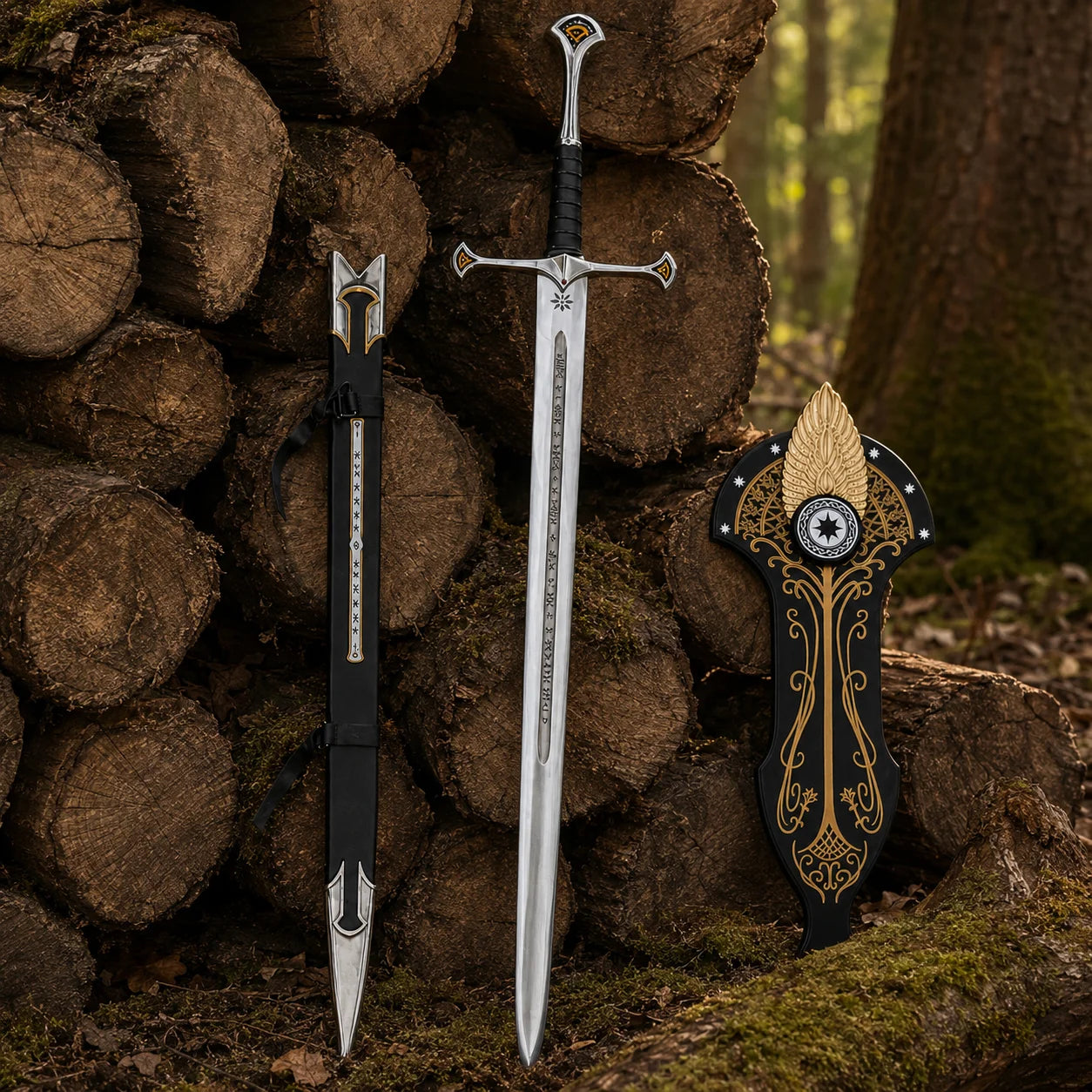 Museum Collection Andúril Sword – LOTR Flame of the West Replica with Black Scabbard and Gold Display Plaque by Stacked Logs