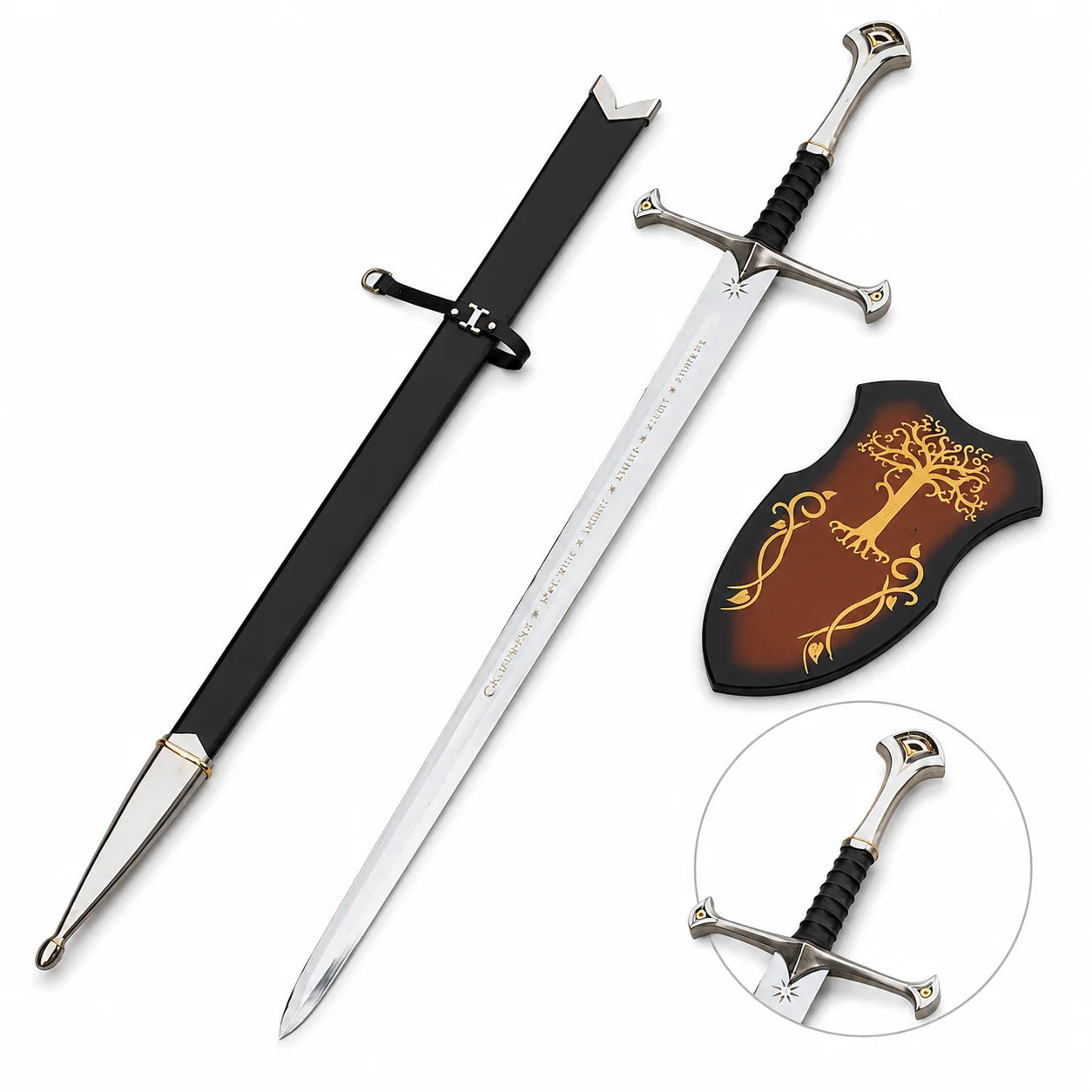 Aragorn Andúril sword prop replica full length with scabbard and wooden wall plaque – LOTR collectible
