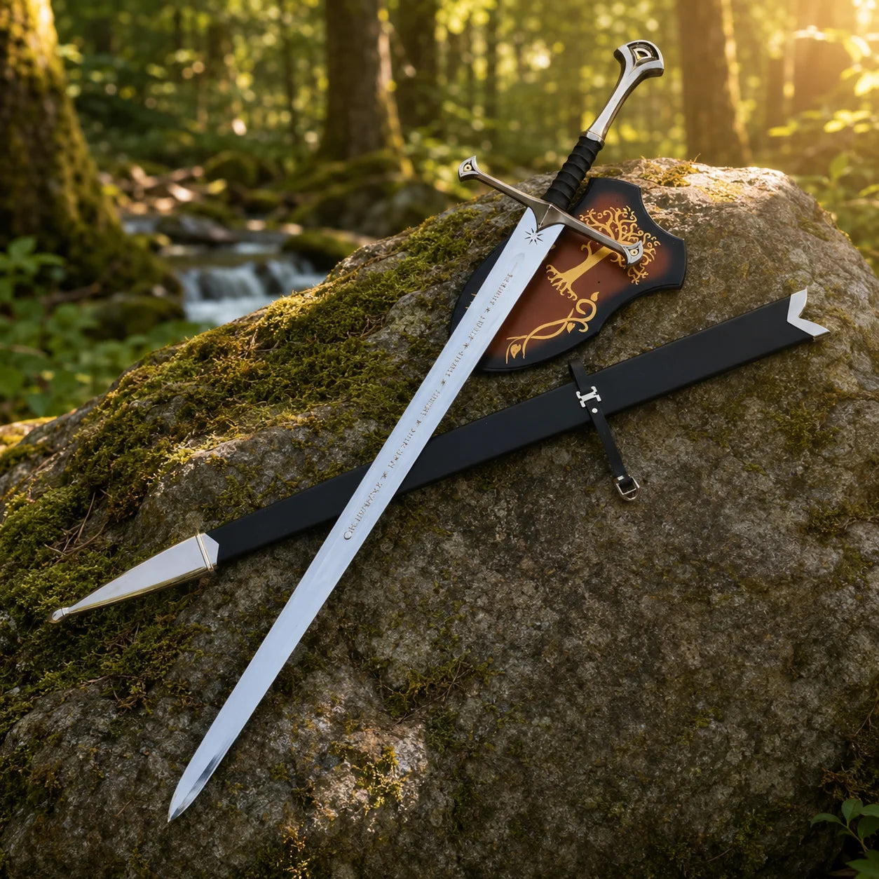 Andúril Flame of the West sword prop replica held in forest setting – Lord of the Rings display piece