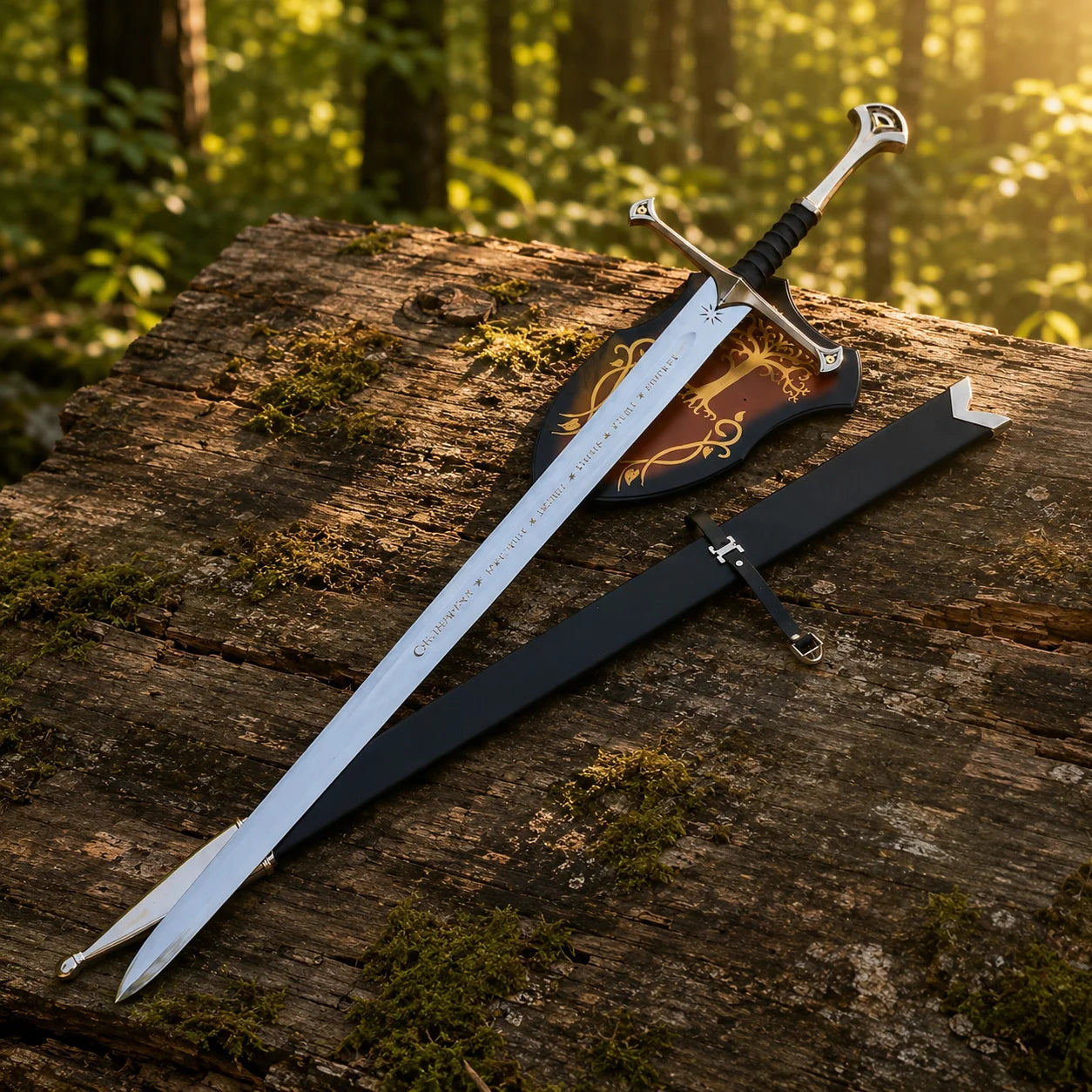 Close-up of elvish rune engravings on Andúril LOTR prop replica blade with scabbard