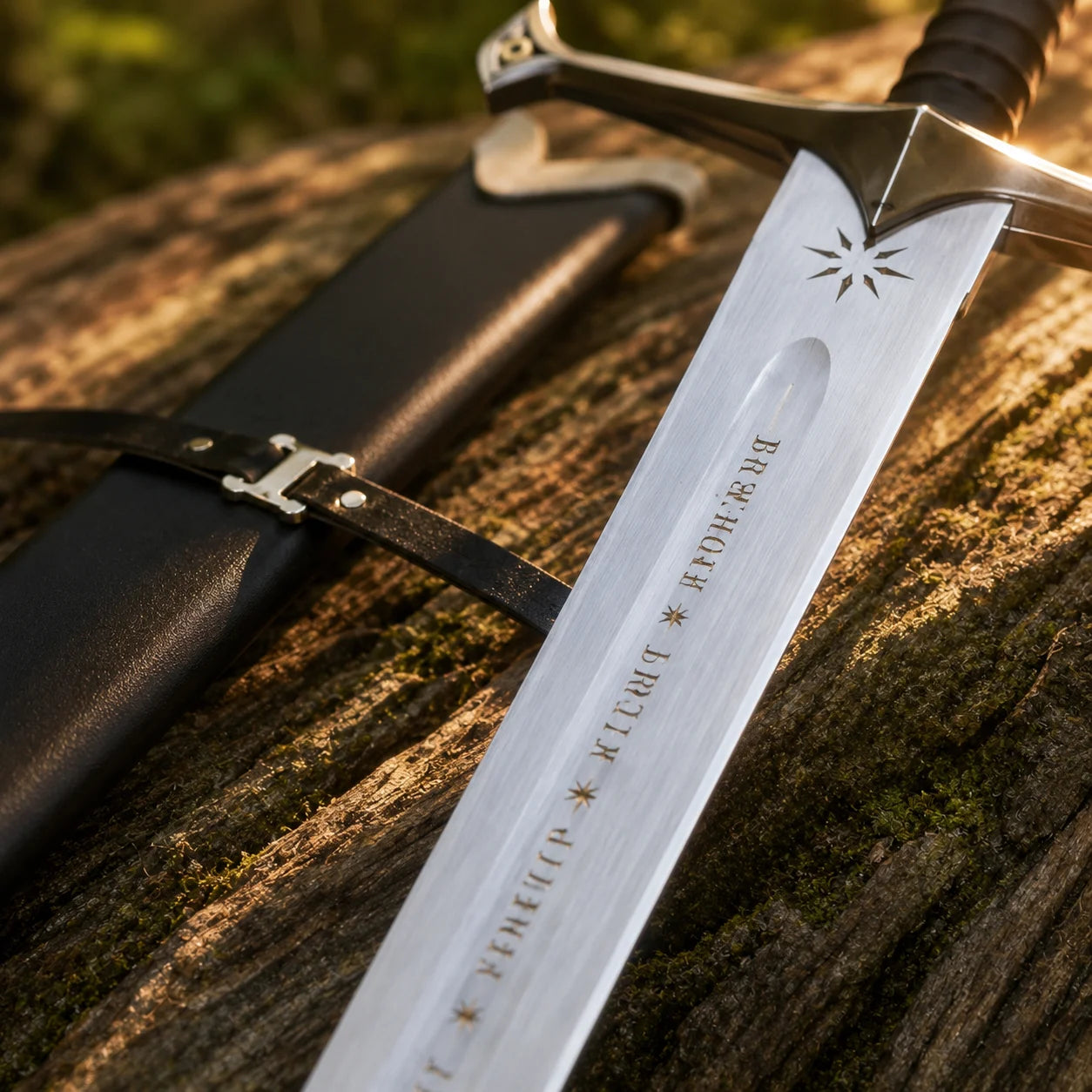 Andúril prop replica displayed on mossy rock with scabbard and LOTR wall plaque – fan gift