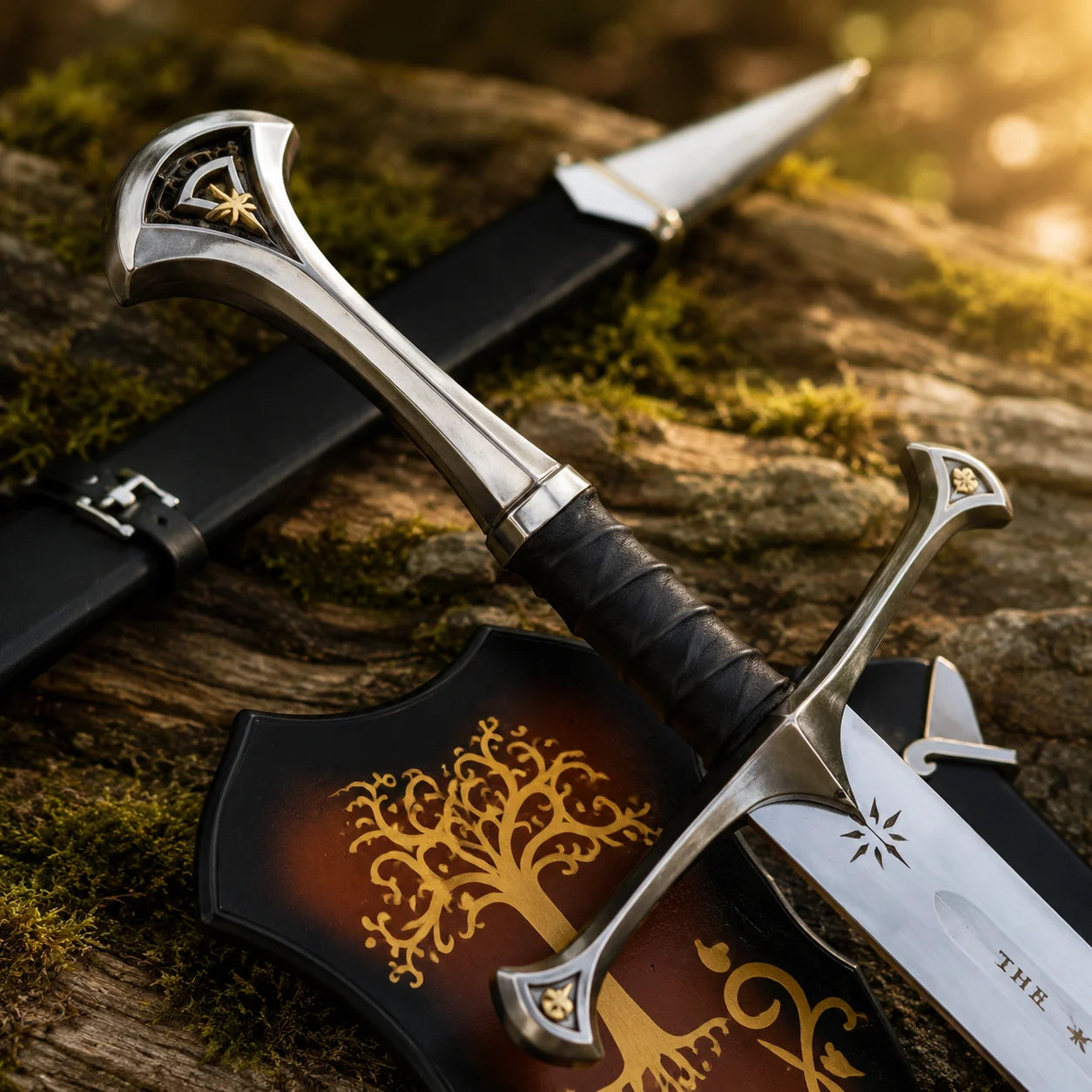 Andúril sword collectible full view on rock with wall plaque – Lord of the Rings cosplay accessory