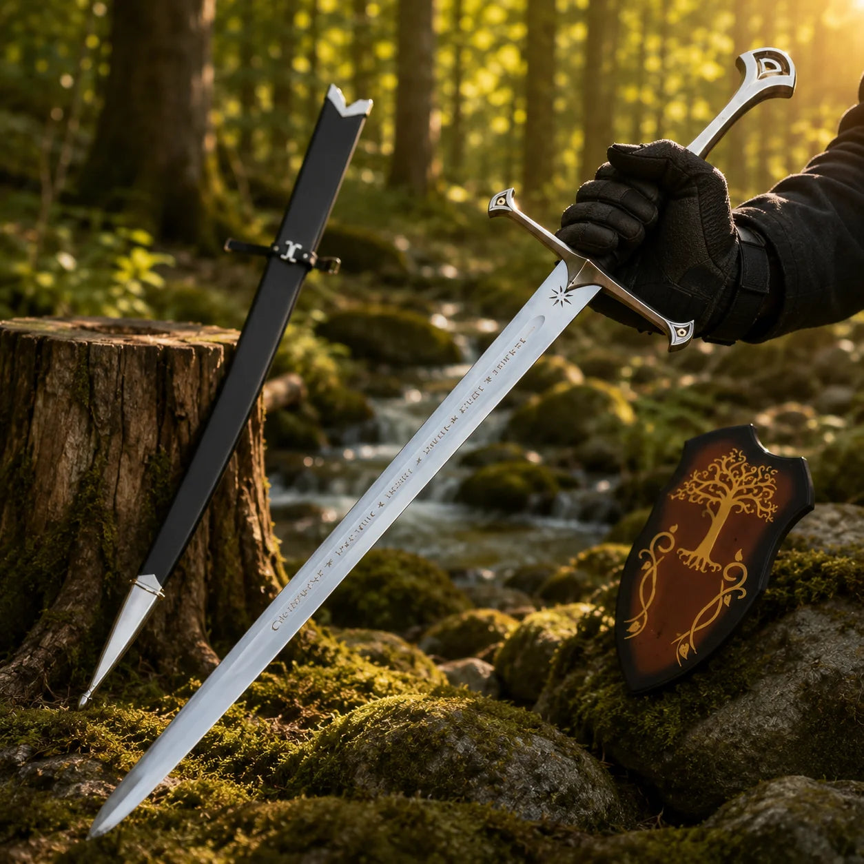 Andúril Narsil reforged sword prop replica with decorative scabbard and wall plaque – LOTR display