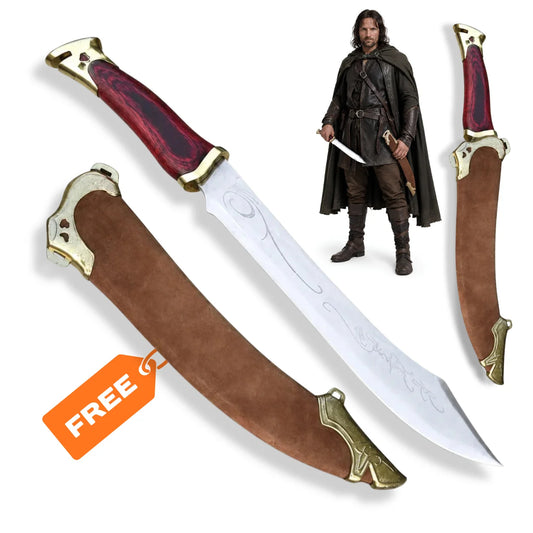 Aragorn Elven knife LOTR prop replica with red wood-style handle and brown sheath