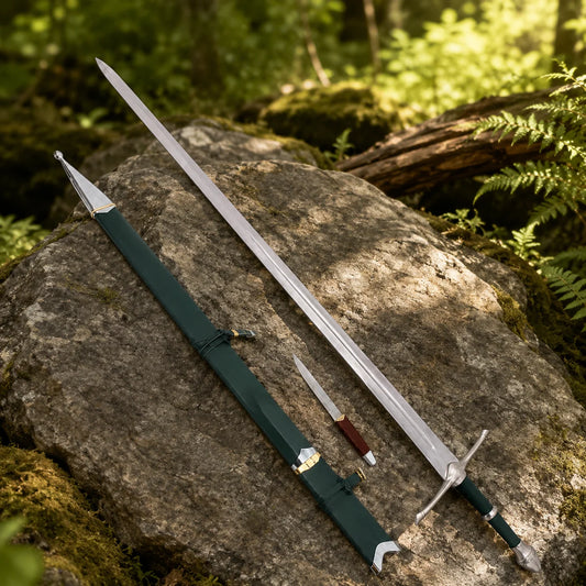 Aragorn Strider Ranger Sword LOTR green display replica with Ranger-inspired fantasy styling and collectible Lord of the Rings decor presentation