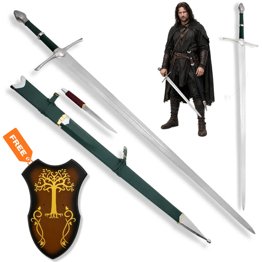 Aragorn Strider Ranger sword LOTR prop replica with green scabbard and Tree of Gondor wall display plaque