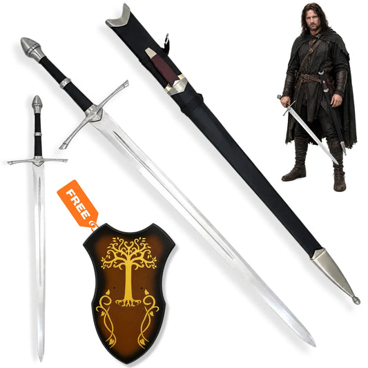 Aragorn Strider Ranger sword LOTR prop replica with black scabbard and Tree of Gondor wall display plaque