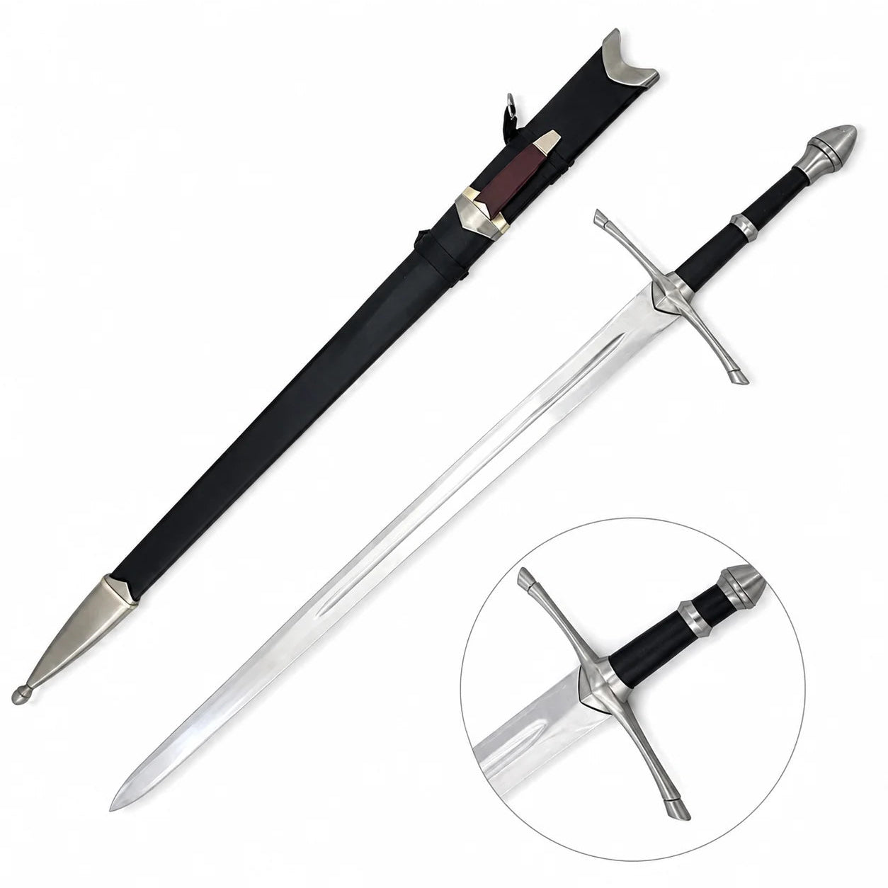 Aragorn Strider ranger sword prop replica full length on mossy boulder with double fuller polished silver blade and straight silver crossguard – LOTR display collectible
