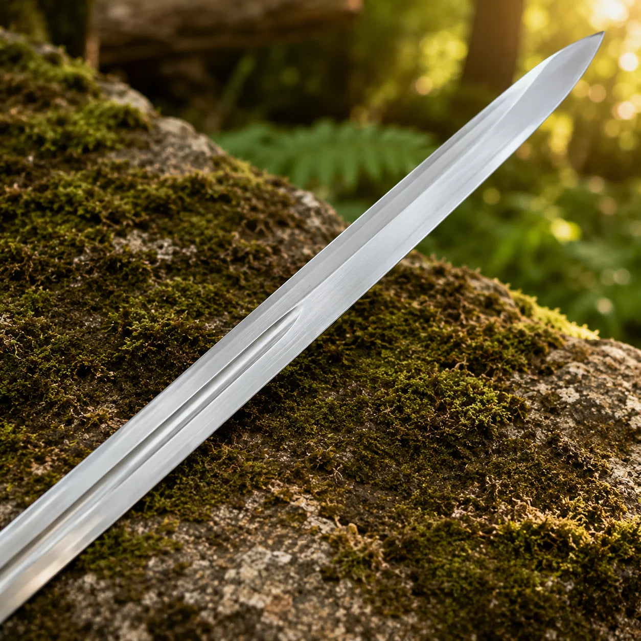 Aragorn Strider ranger sword prop replica full length on large mossy boulder in golden sunlit forest showing complete double fuller blade and straight silver crossguard – LOTR fan gift