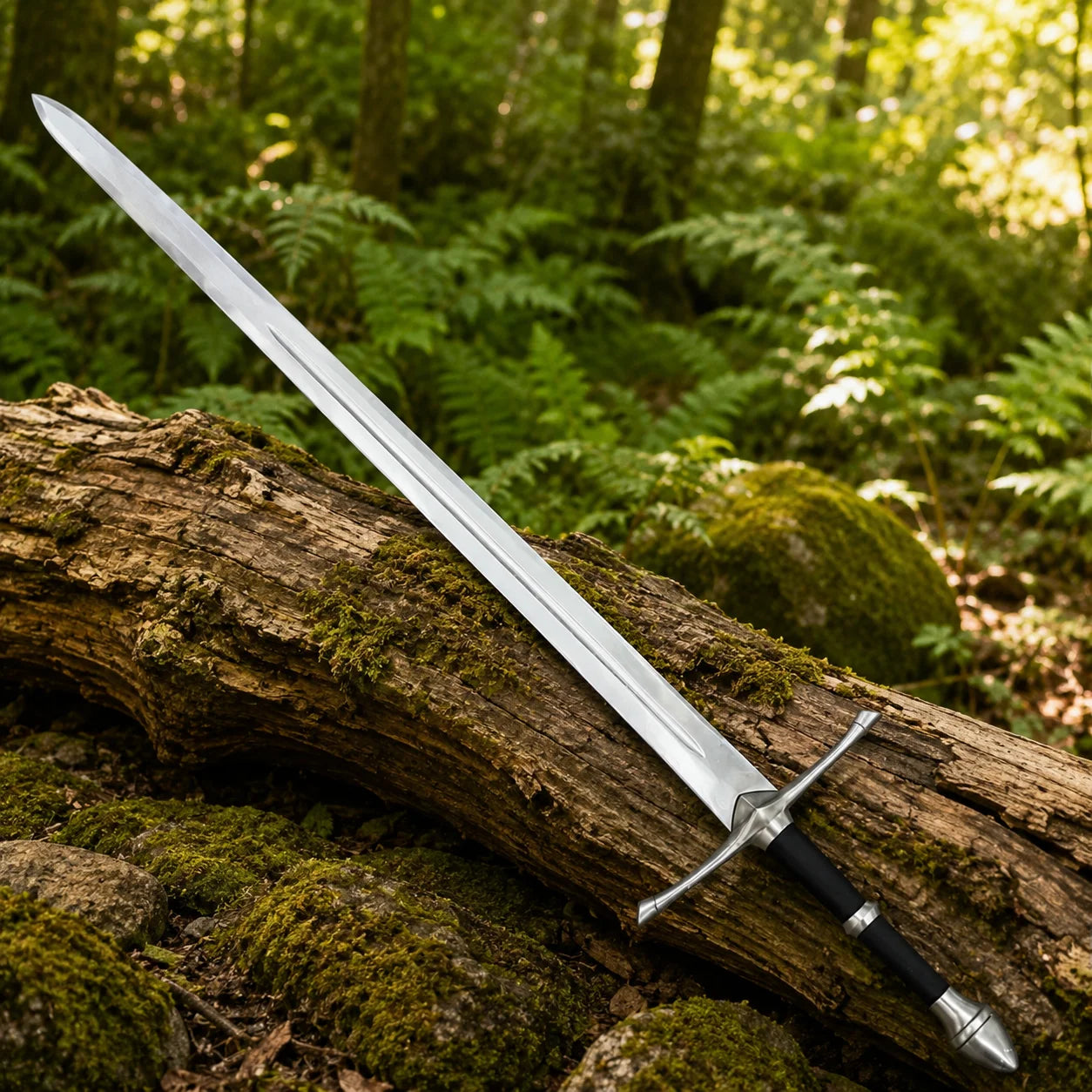 Close-up of Aragorn Strider ranger sword prop replica straight silver crossguard with angled quillon tips black leather grip silver collar ring and bullet-shaped pommel on mossy log – LOTR collectible