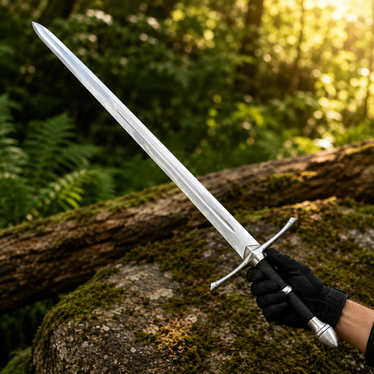 Aragorn Strider ranger sword prop replica full length on mossy forest rock in golden bokeh showing straight silver crossguard black leather grip and long polished double fuller blade – LOTR Ranger fan gift