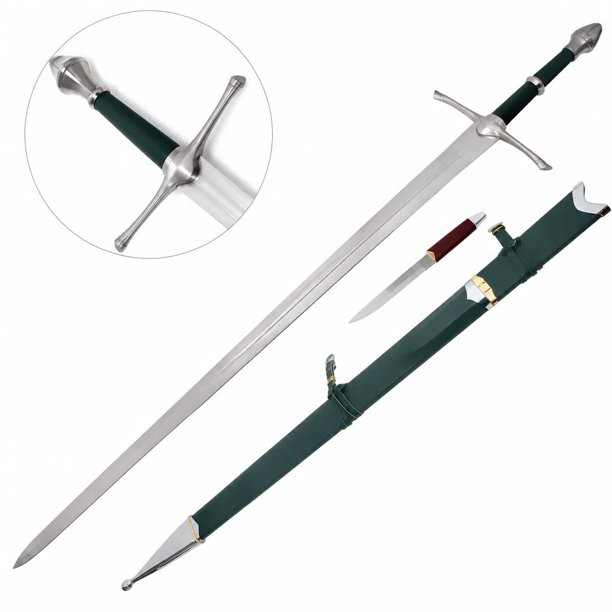 Aragorn Strider ranger sword prop replica green edition full length on mossy boulder with polished silver single central fuller blade and straight silver crossguard – LOTR display collectible