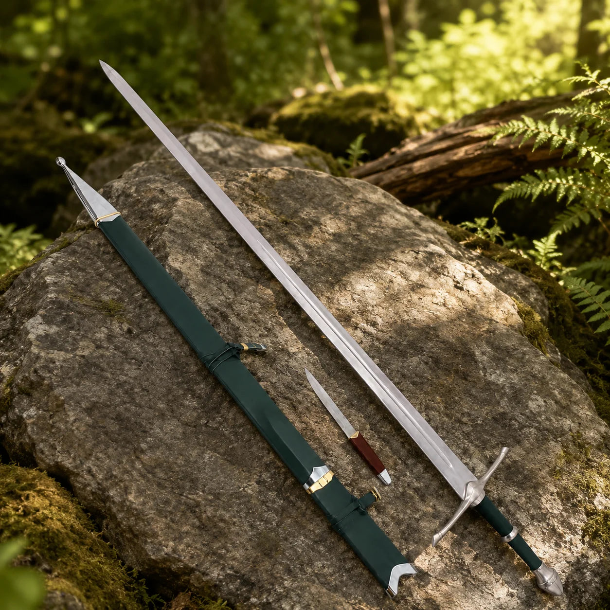 Close-up of Aragorn Strider ranger sword prop replica green edition polished silver single central fuller blade in golden forest bokeh showing clean tapered profile – LOTR Ranger display collectible