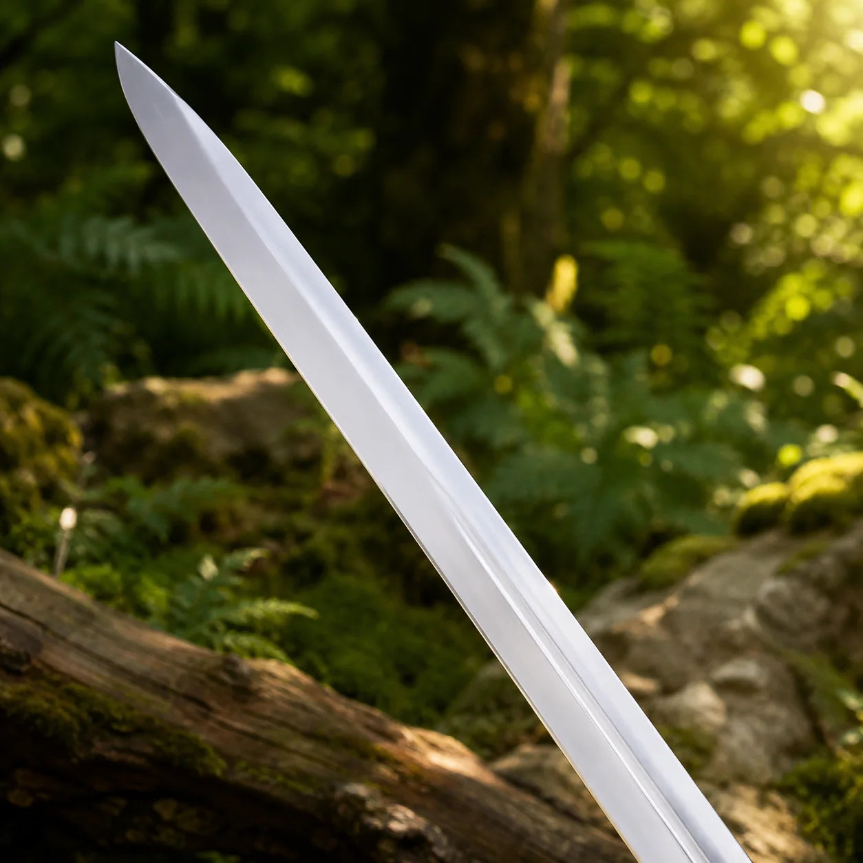 Aragorn Strider ranger sword prop replica green edition full length on mossy fallen log in sunlit forest showing complete single fuller blade straight crossguard dark green grip and bullet pommel – LOTR fan gift