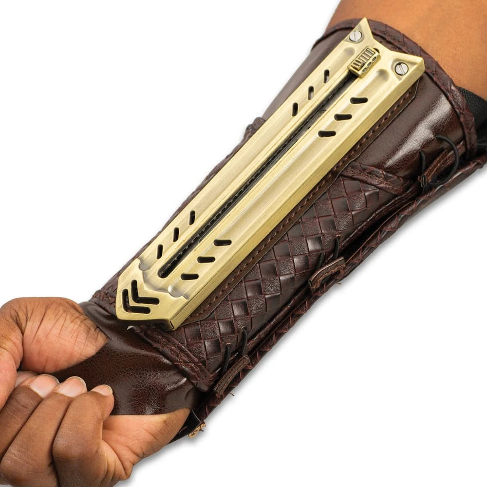 Assassins Guild tactical arm gauntlet with stainless steel blade and canvas arm sheath