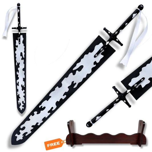 Asta Demon Dweller Sword prop replica from Black Clover with black and silver blade, black hilt, white ribbon and display stand