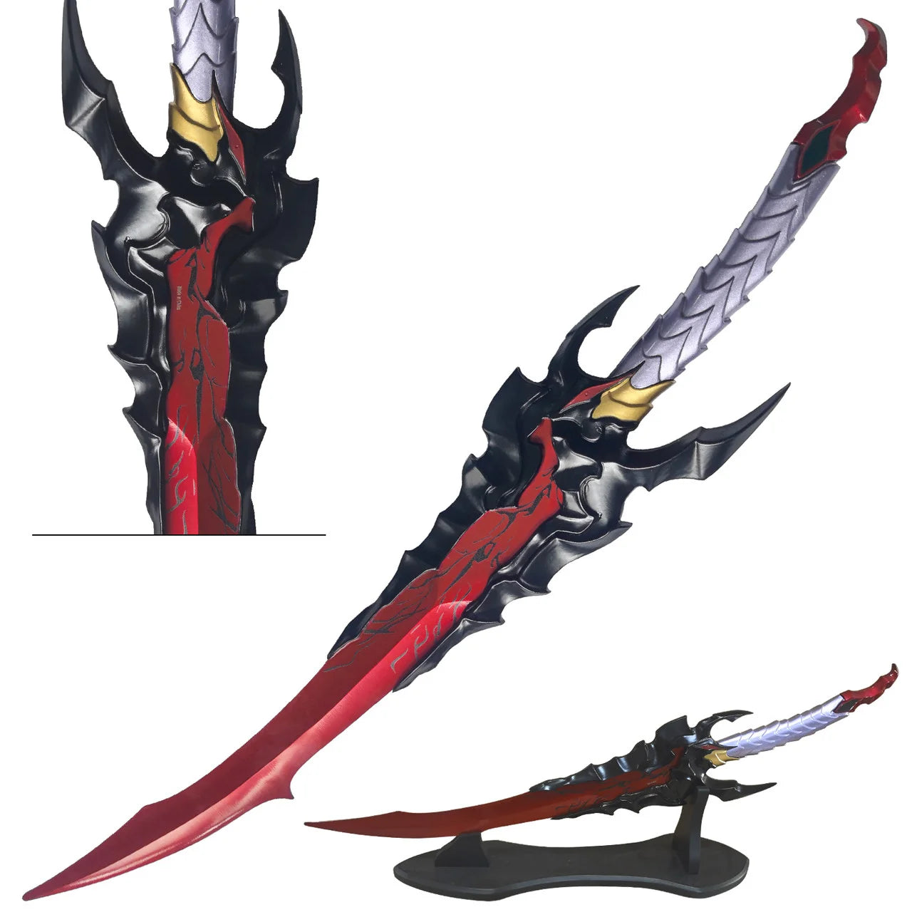 Baran Demon King Sword Solo Leveling replica – full diagonal view with circular inset closeup of black multi-spike crossguard with gold accent and red blade detail on white background