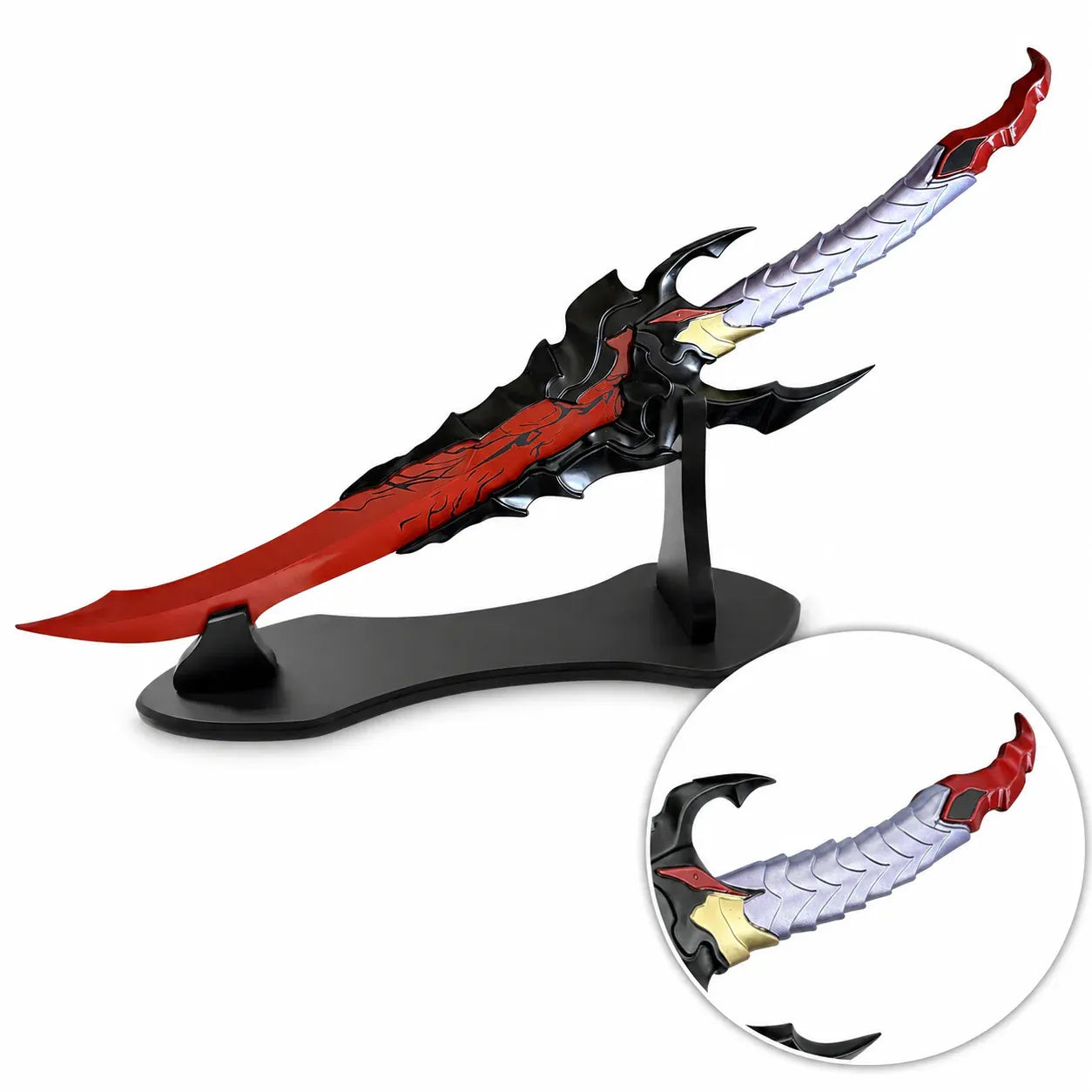 Baran Demon King Sword Solo Leveling replica – multi-angle composite showing full sword on black display stand, crossguard closeup, and small stand view on white background