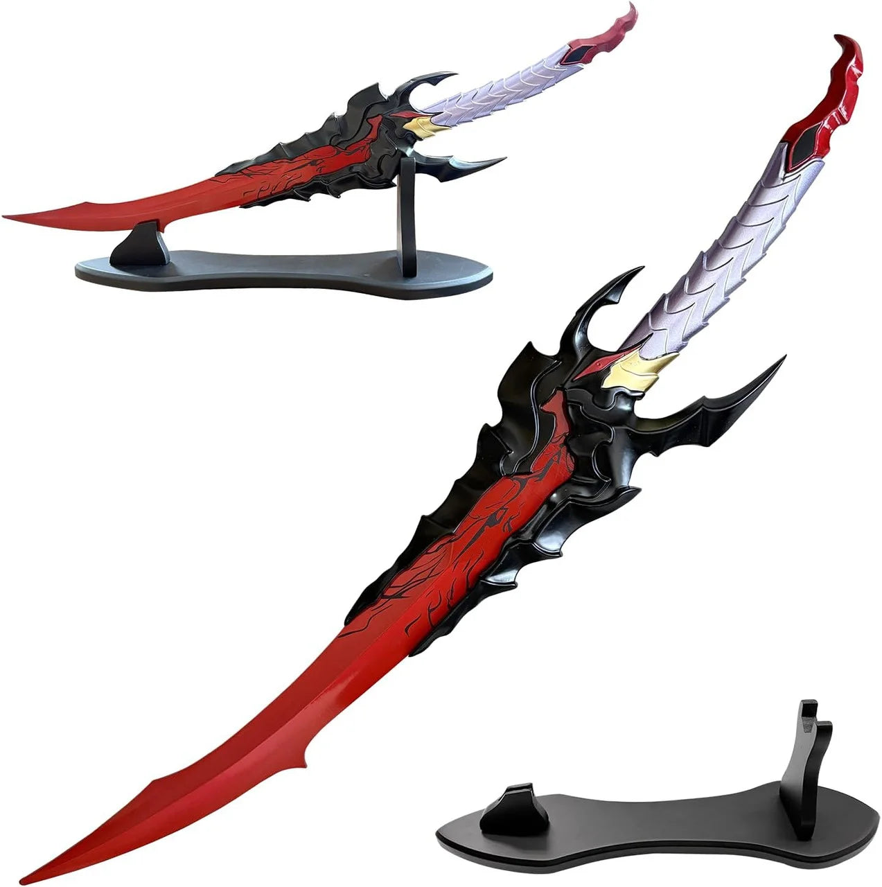 Baran Demon King Sword Solo Leveling replica – outdoor shot on stone surface showing red electroplated 2Cr13 stainless steel blade with black etched rune markings; text: 2Cr13 Stainless Steel Blade using Electroplating Process