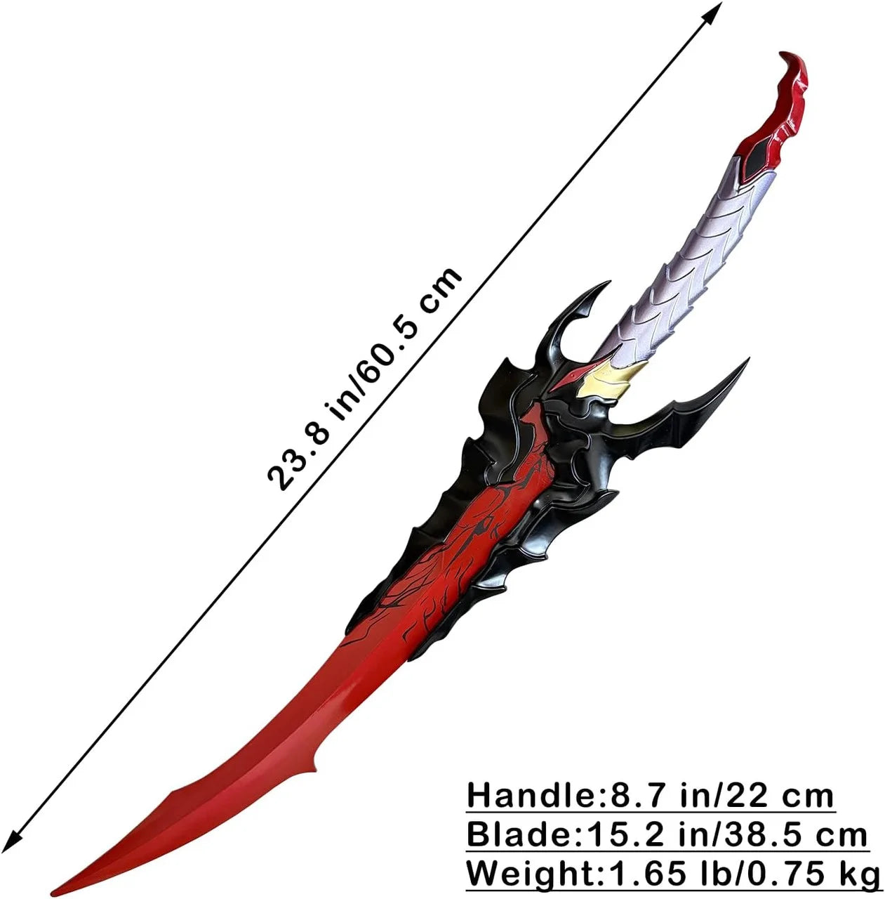 Baran Demon King Sword Solo Leveling replica – large closeup of black demon wing crossguard with gold horn accent, full diagonal view, and small display stand view on white background
