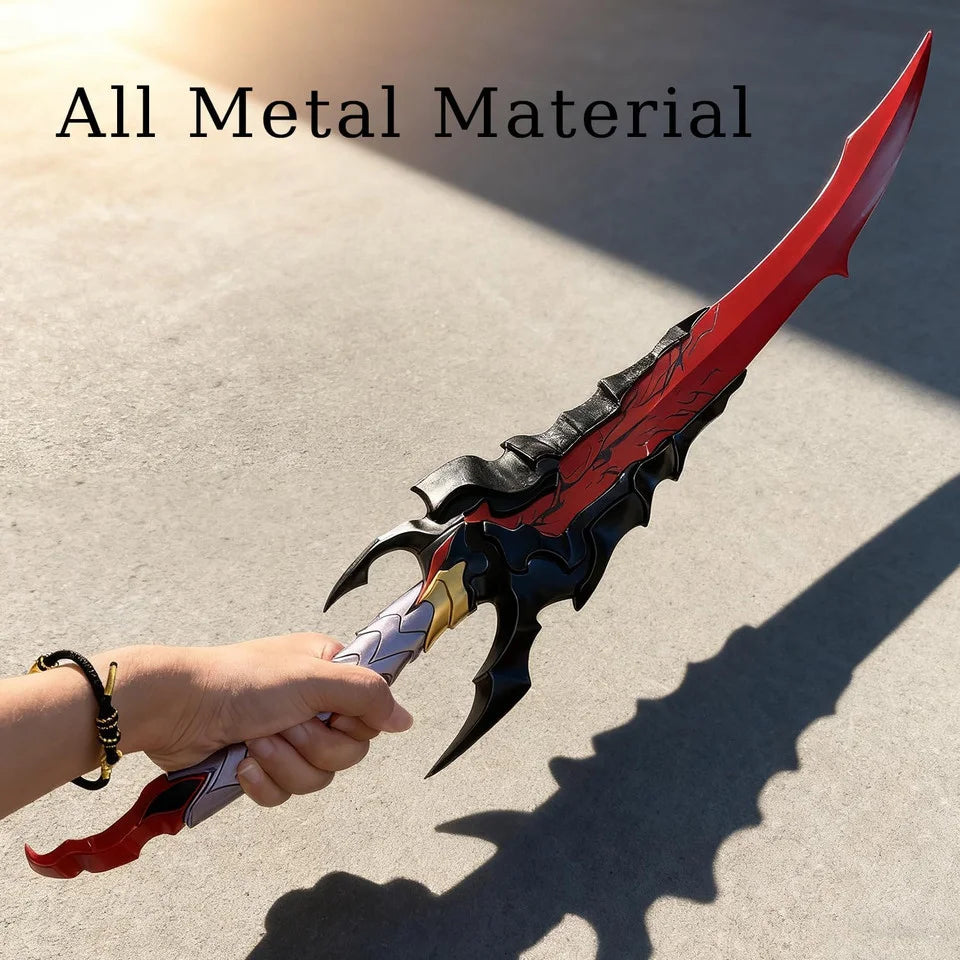 Baran Demon King Sword Solo Leveling replica – two-angle display showing sword on stand from above and full diagonal view alongside separated black display stand base on white background