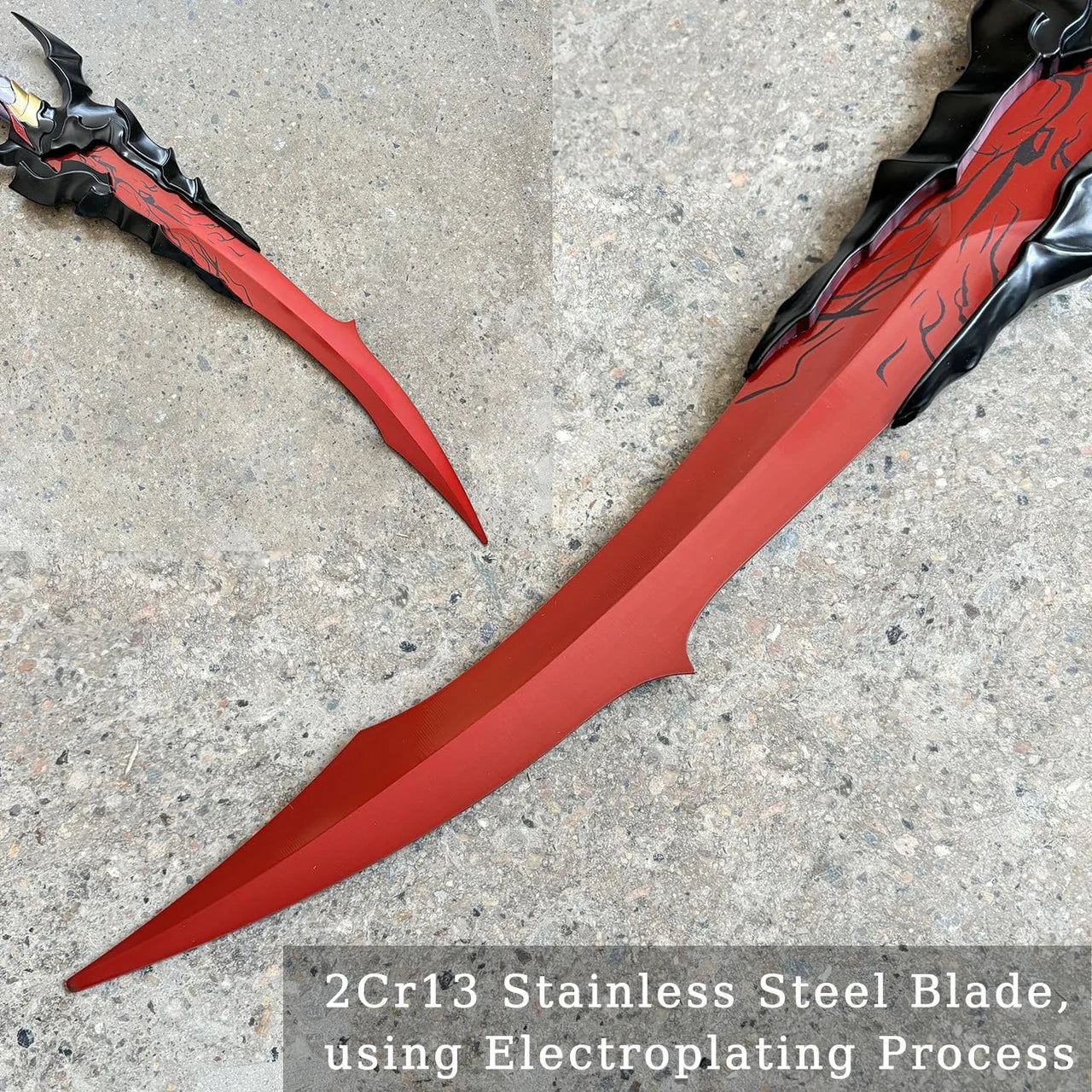 Baran Demon King Sword Solo Leveling replica – full length dimension diagram: 23.8 in / 60.5 cm total, handle 8.7 in / 22 cm, blade 15.2 in / 38.5 cm, weight 1.65 lb / 0.75 kg on white background