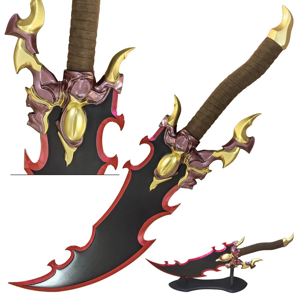 Red Flame Dragon Eye Fantasy Sword – full diagonal view with circular inset closeup of gold dragon eye crossguard and wrapped handle