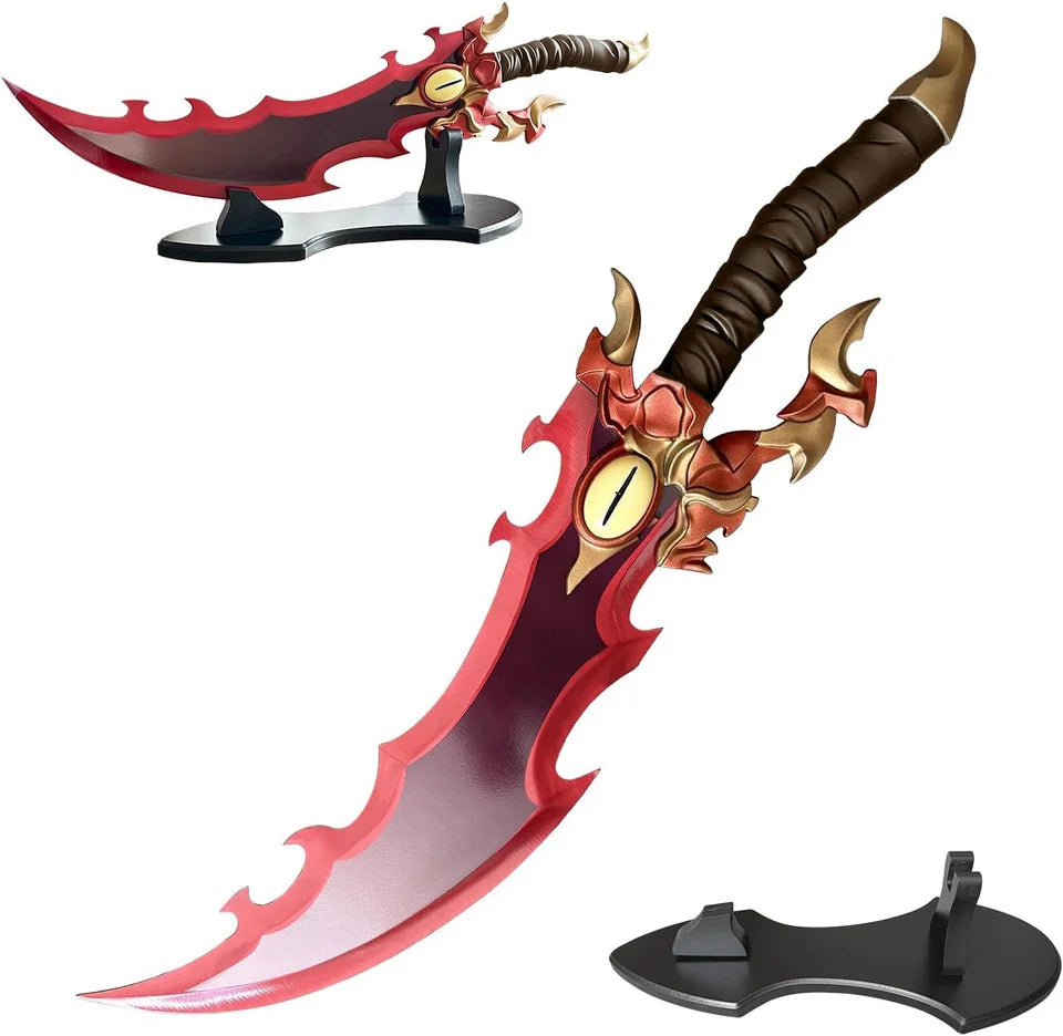 Red Flame Dragon Eye Fantasy Sword – clean full-length view showing red flame blade, gold dragon eye guard, and brown wrapped grip on white background