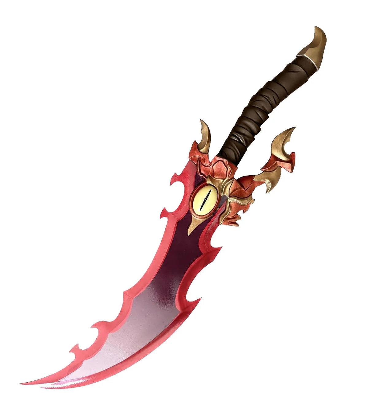 Red Flame Dragon Eye Fantasy Sword – displayed on black assembly stand with inset circles showing stand component parts