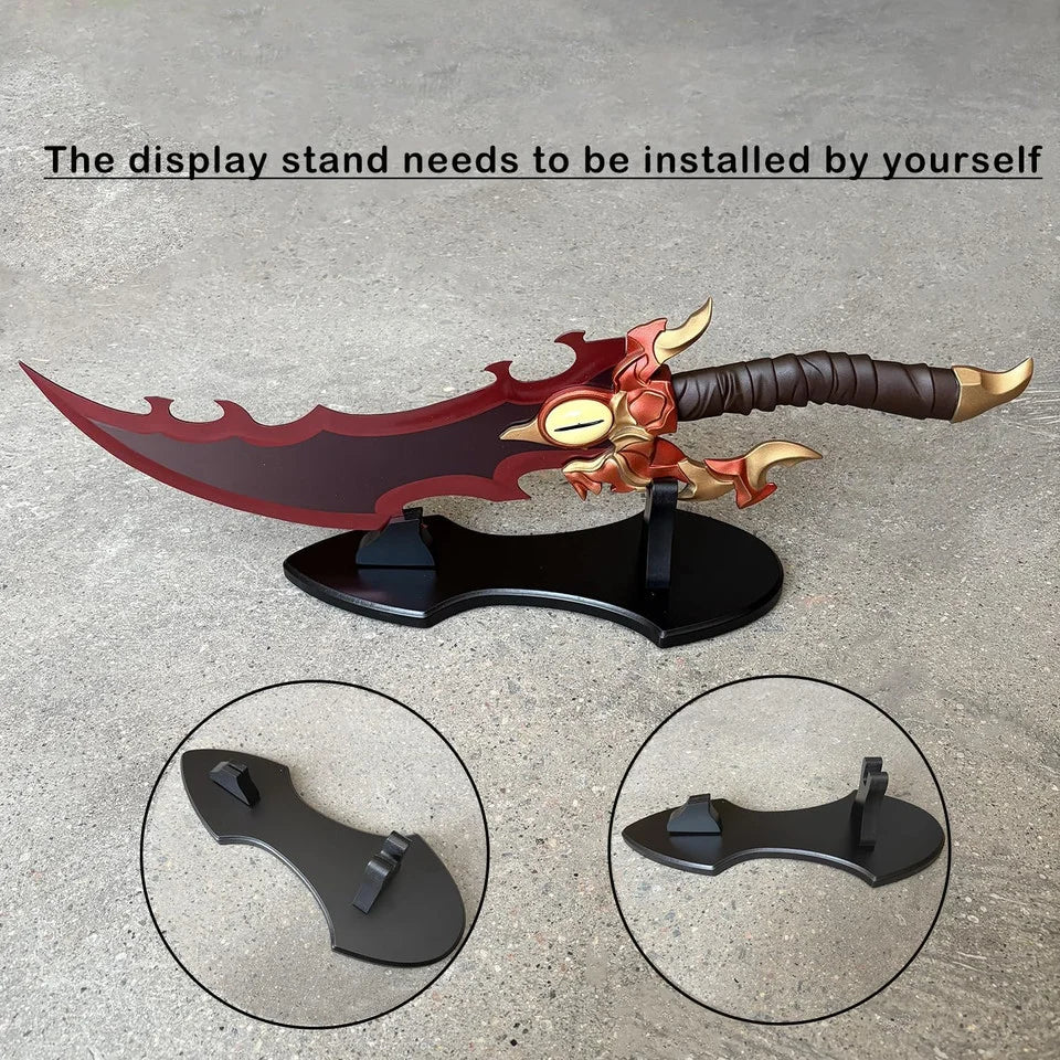 Red Flame Dragon Eye Fantasy Sword – full set view showing sword on display stand alongside loose stand base component on white background