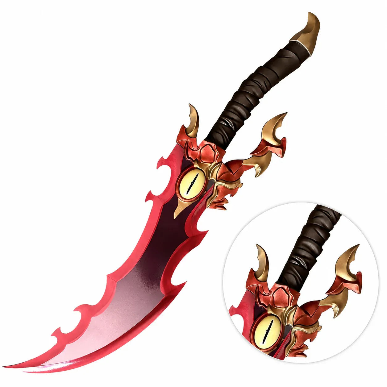 Red Flame Dragon Eye Fantasy Sword – multi-angle composite showing full blade, handle closeup, and display stand view on white background