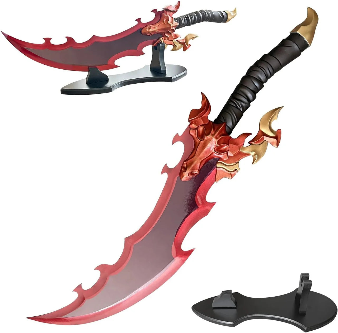 Baran's Eye Version Sword Solo Leveling replica – full diagonal view with circular inset closeup of purple dragon skull crossguard and gold accents on white background