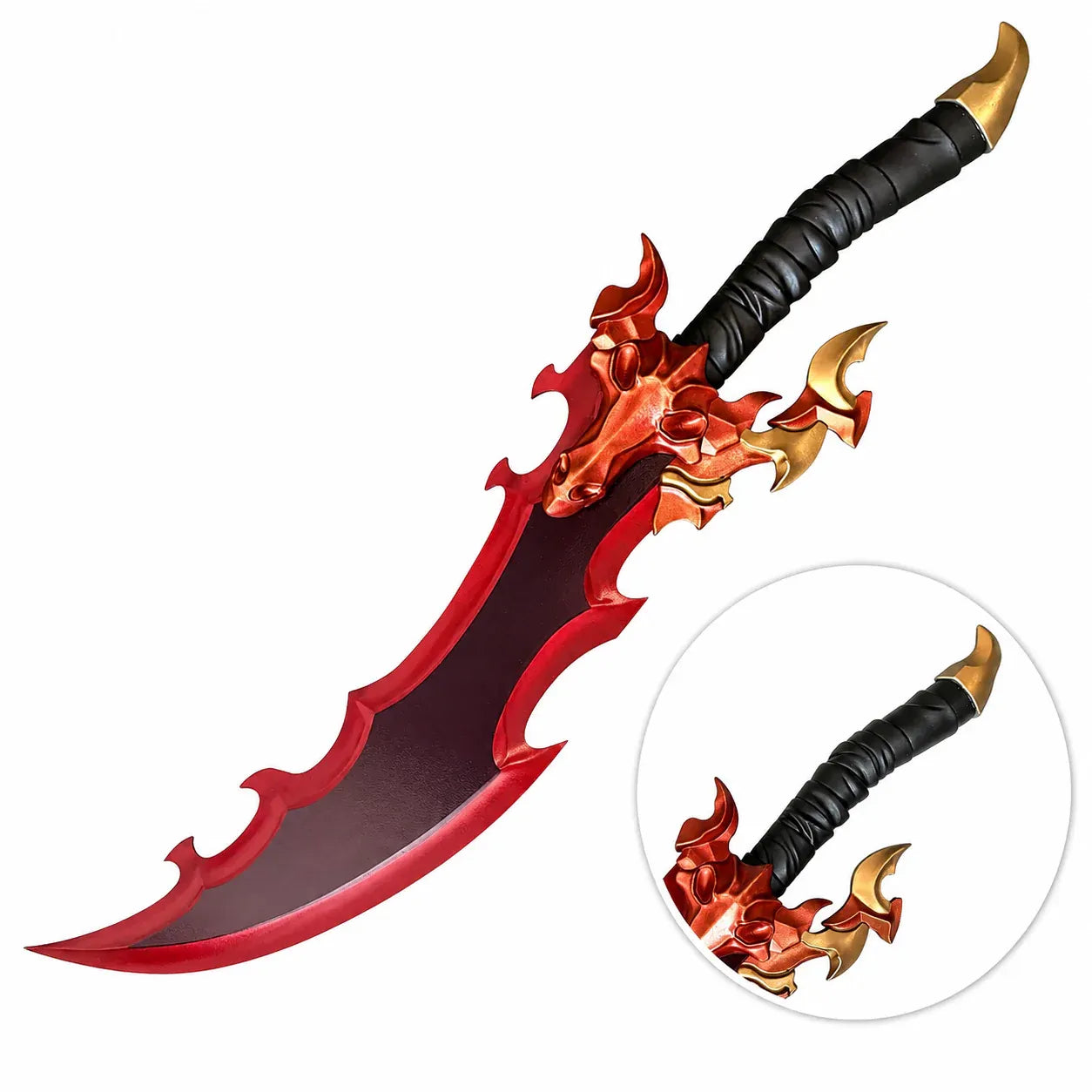 Baran's Eye Version Sword Solo Leveling replica – full diagonal view with circular inset closeup of purple dragon skull crossguard and gold accents on white background
