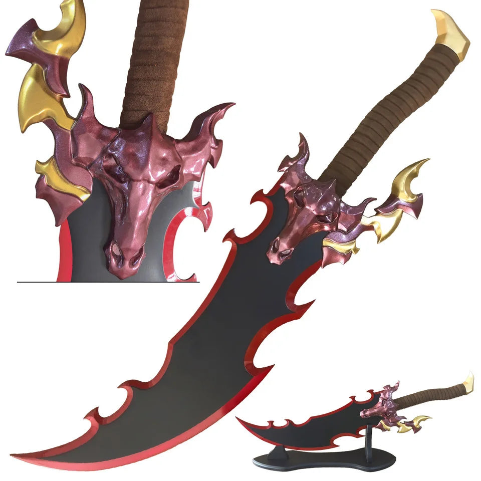 Baran's Eye Version Sword Solo Leveling replica – full sword on black display stand alongside loose stand base component on white background