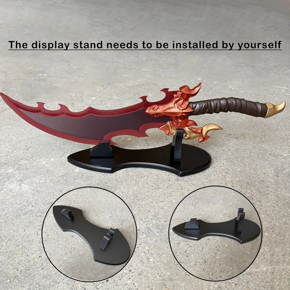 Baran's Eye Version Sword Solo Leveling replica – display stand assembly view with inset circles showing stand bracket components; note: stand requires self-assembly