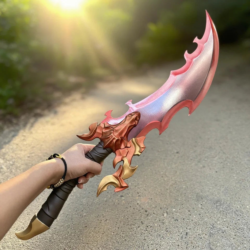 Baran's Eye Version Sword Solo Leveling replica – hand-held outdoor shot in sunlight showing red flame curved blade, dragon skull guard, and black wrapped grip