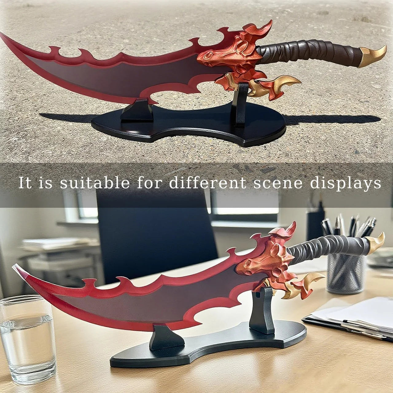 Baran's Eye Version Sword Solo Leveling replica – lifestyle scene display showing sword on stand in outdoor and desk settings with text: suitable for different scene displays
