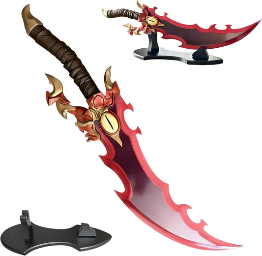 Demon King Baran sword replica from Solo Leveling with display stand and eye guard detail