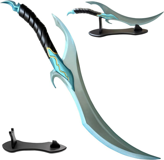 Solo Leveling Baruka dagger replica full view with blue design and display stand
