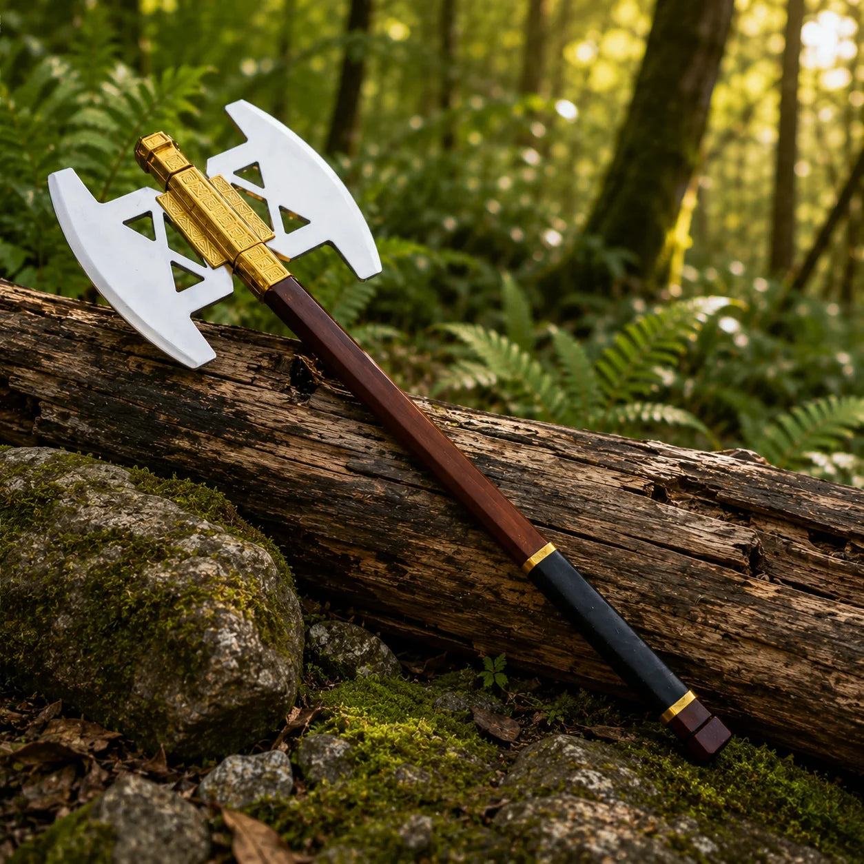 Battle Axe of Gimli LOTR display replica with metallic axe head, brown handle styling, fantasy detailing, and collectible Lord of the Rings decor presentation