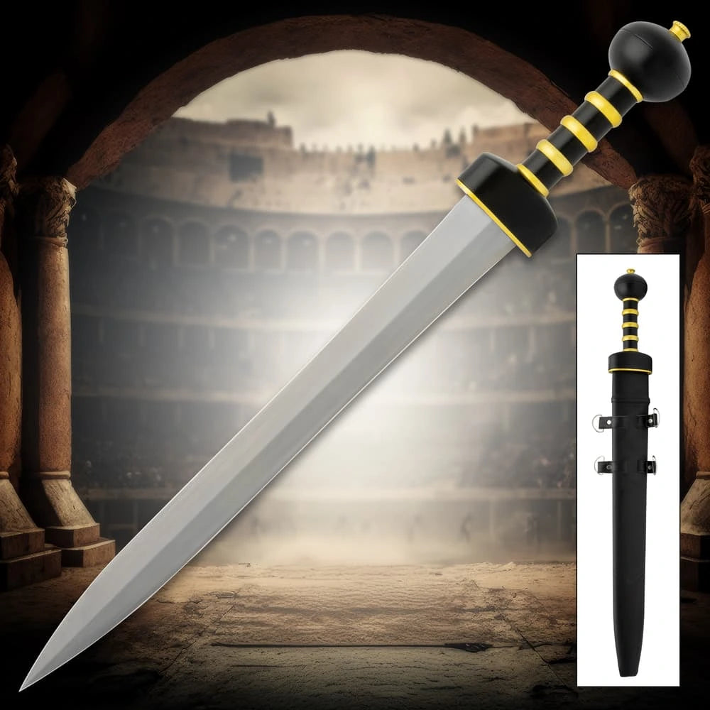 Roman Gladius Battle Tested Sword – premium Pompeii gladius sword with 20 1/2" sharpened blade, full tang steel handle & black leather scabbard | Roman short sword for reenactment and collectors