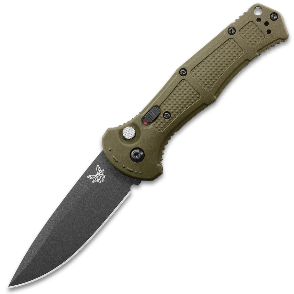 Push-button mechanism with safety Benchmade Claymore