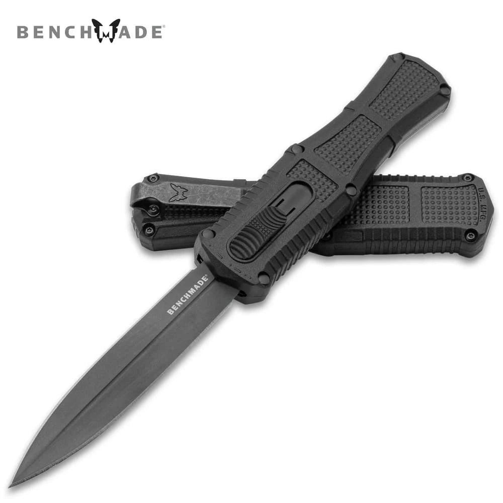 Benchmade Claymore OTF Knife collector display piece with black textured handle, dark blade section, Benchmade branding, rear clip, screw accents, and compact showcase presentation