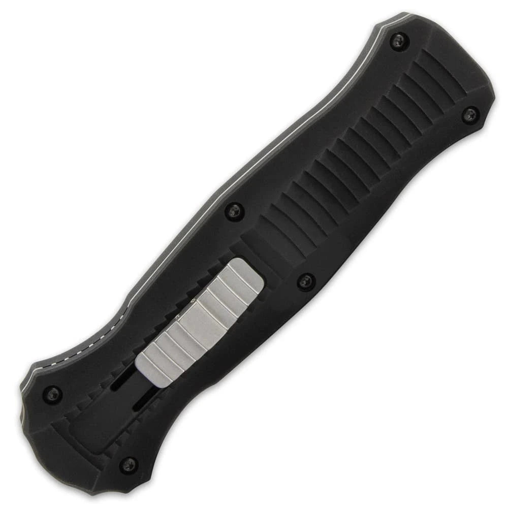 Benchmade Infidel All-Black OTF Knife collector display piece with black handle, silver-tone slider, branded clip, dark finish, and black fabric sheath
